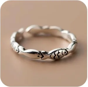 KUYIUIF 925 Sterling Silver Cute Opening Adjustable Fish Ring Sea Animal Retro Siimple Design Charming Temperament Faux Grinding Hypoallergenic Jewelry Exquisite Tiny Pattern Ring Gift