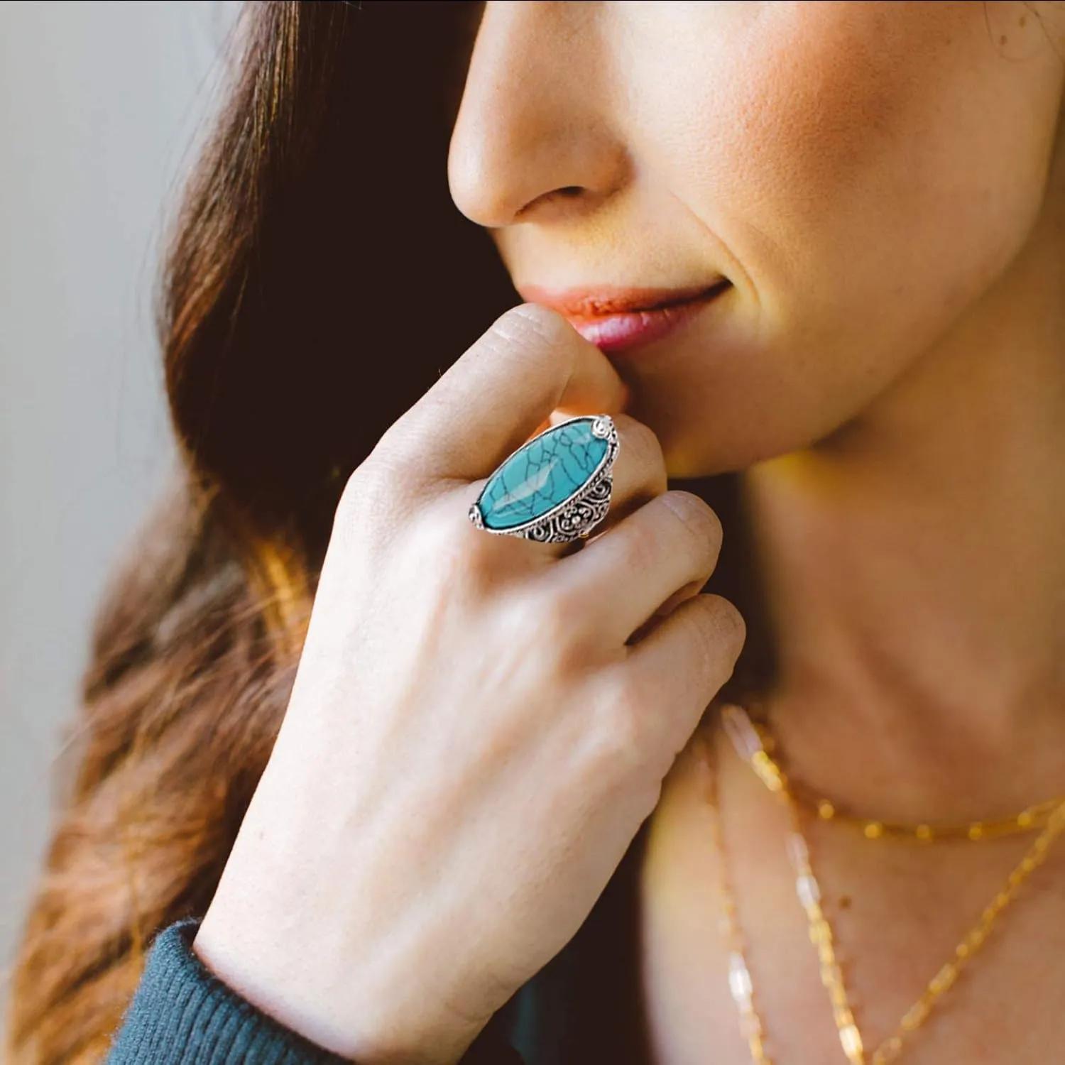 LadayPoa Charming Synthetic-Turquoise Tibet Silver Plated Fashion Ring