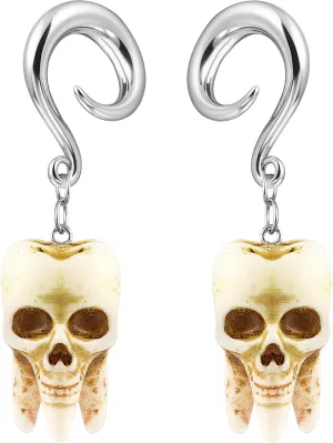 LADEMAYH 2Pcs 6g/2g/0g/00g Hooks Tunnels Plugs Gauges for Ears, Hypoallergenic Surgical 316L Stianless Steel Gothic Skull Tooth Shape Dangling Earrings for Women Men