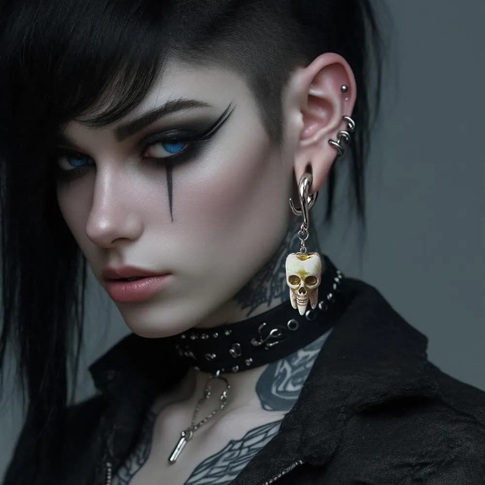 LADEMAYH 2Pcs 6g/2g/0g/00g Hooks Tunnels Plugs Gauges for Ears, Hypoallergenic Surgical 316L Stianless Steel Gothic Skull Tooth Shape Dangling Earrings for Women Men