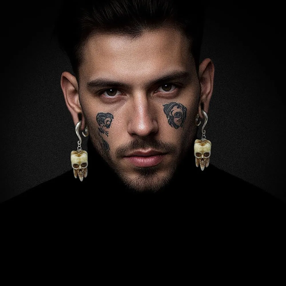 LADEMAYH 2Pcs 6g/2g/0g/00g Hooks Tunnels Plugs Gauges for Ears, Hypoallergenic Surgical 316L Stianless Steel Gothic Skull Tooth Shape Dangling Earrings for Women Men