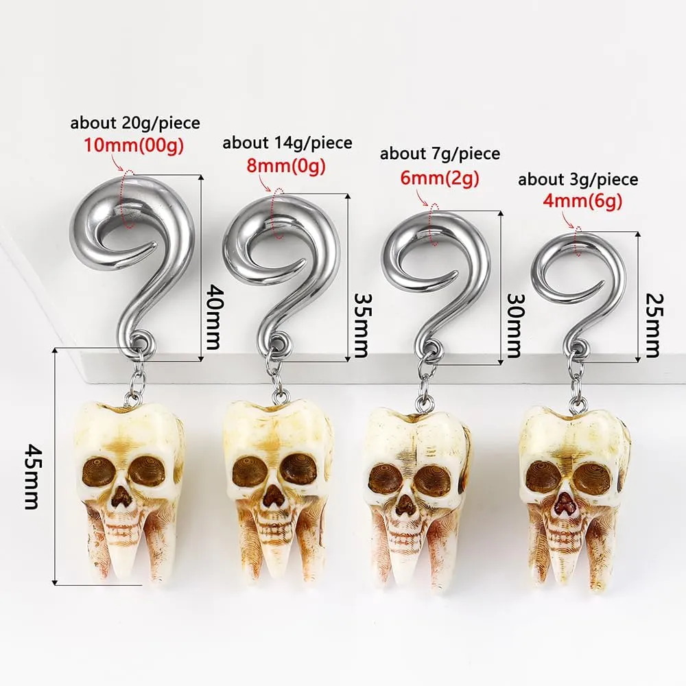 LADEMAYH 2Pcs 6g/2g/0g/00g Hooks Tunnels Plugs Gauges for Ears, Hypoallergenic Surgical 316L Stianless Steel Gothic Skull Tooth Shape Dangling Earrings for Women Men