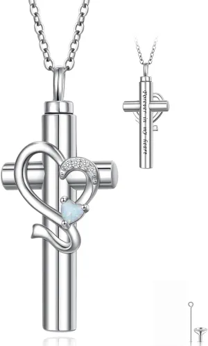 Ladytree Cross Urn Necklaces for Ashes Created Opal Cremation Pendant 925 Sterling Silver in Memory Loss of Loved One Grief Remembrance Jewelry for Women