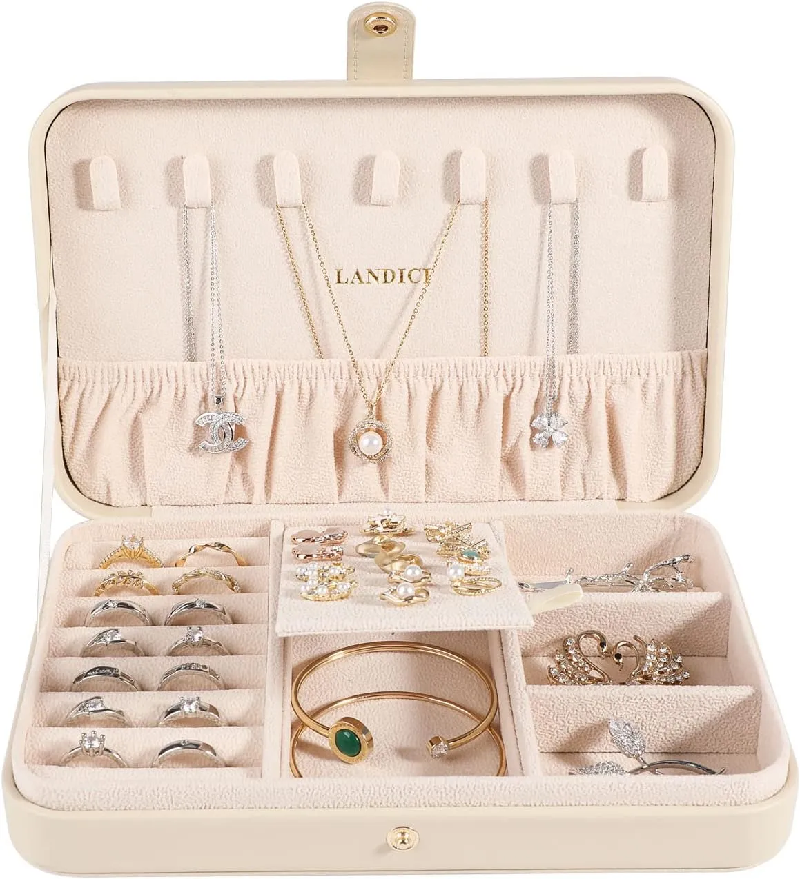 LANDICI Small Jewelry Box for Women Girls, PU Leather Travel Jewelry Case, Portable Jewelry Organizer Storage Holder Display for Ring Earrings Necklace Bracelet Bangle Men Kids Gift, Apricot