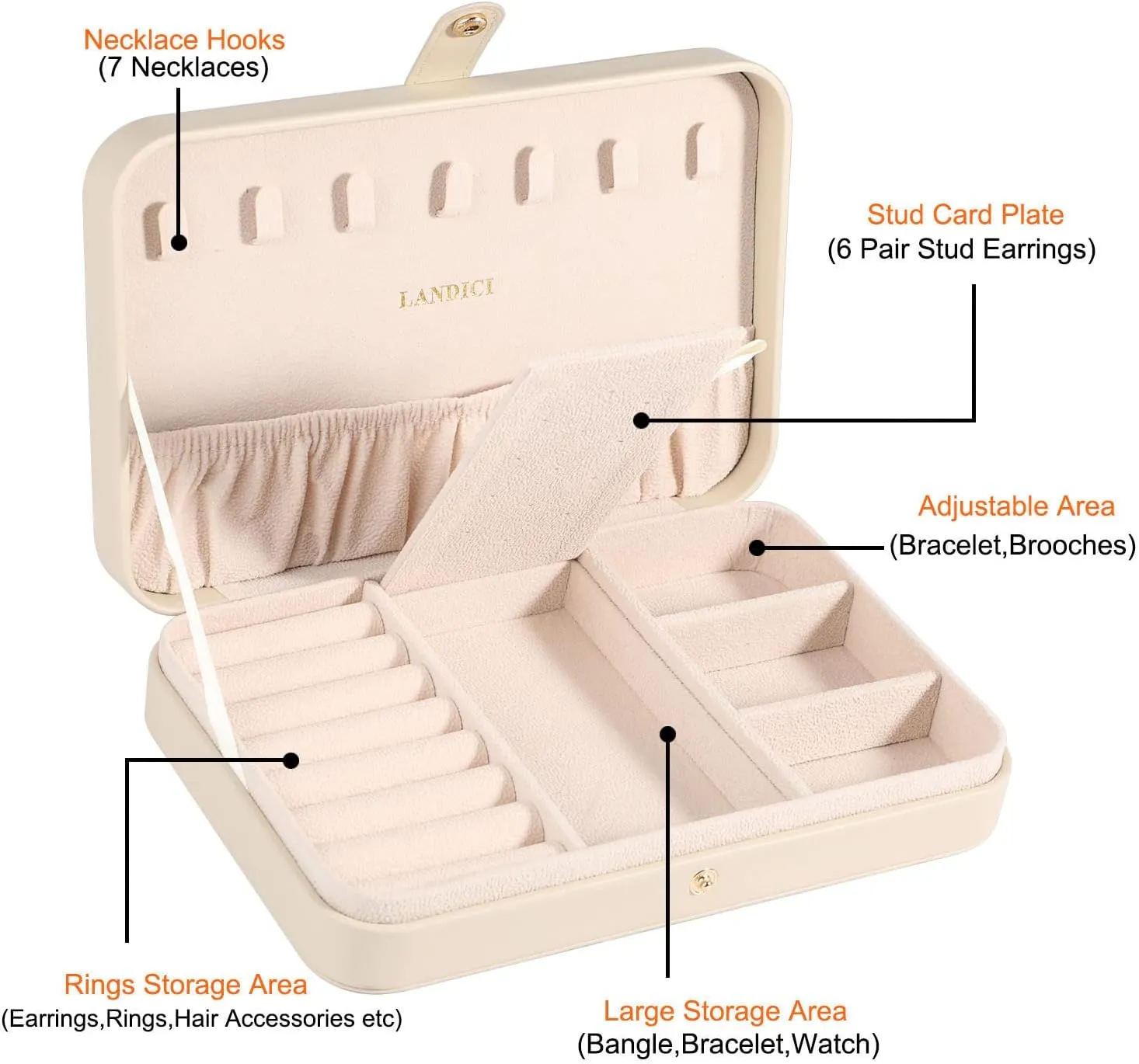 LANDICI Small Jewelry Box for Women Girls, PU Leather Travel Jewelry Case, Portable Jewelry Organizer Storage Holder Display for Ring Earrings Necklace Bracelet Bangle Men Kids Gift, Apricot