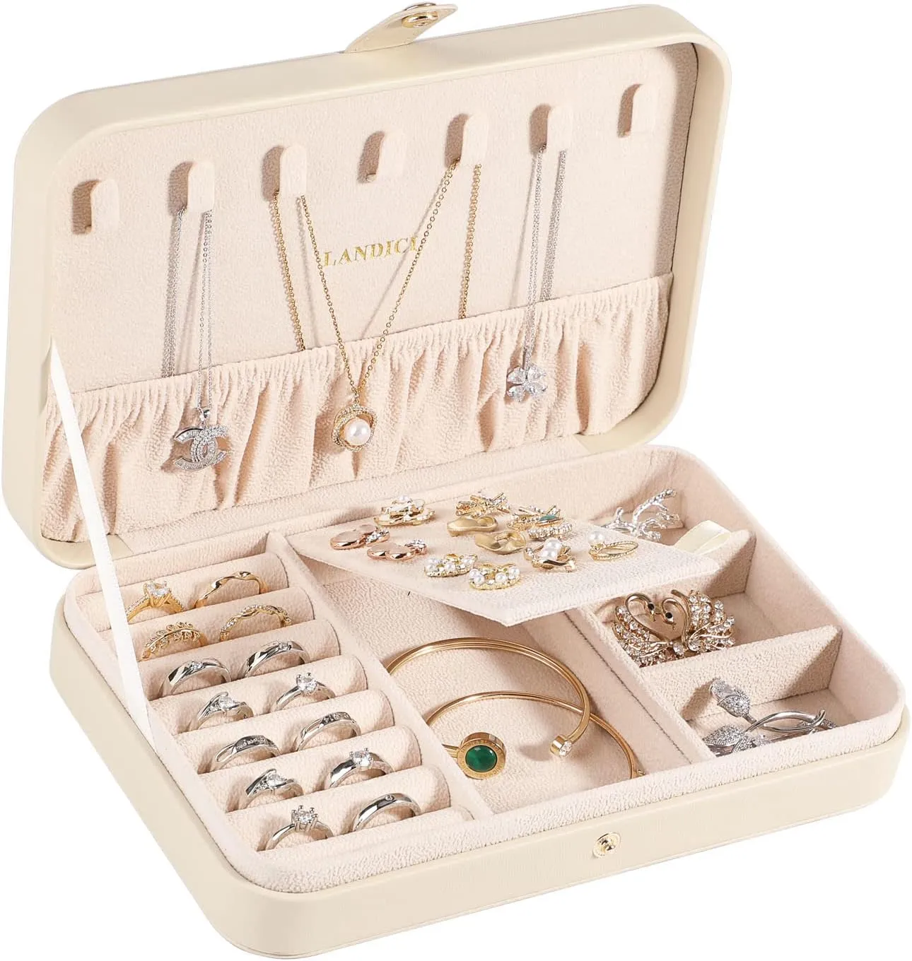LANDICI Small Jewelry Box for Women Girls, PU Leather Travel Jewelry Case, Portable Jewelry Organizer Storage Holder Display for Ring Earrings Necklace Bracelet Bangle Men Kids Gift, Apricot