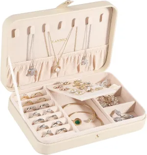LANDICI Small Jewelry Box for Women Girls, PU Leather Travel Jewelry Case, Portable Jewelry Organizer Storage Holder Display for Ring Earrings Necklace Bracelet Bangle Men Kids Gift, Apricot