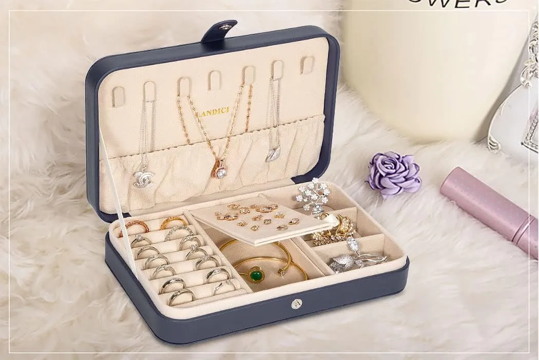 LANDICI Small Jewelry Box for Women Girls, PU Leather Travel Jewelry Case, Portable Jewelry Organizer Storage Holder Display for Ring Earrings Necklace Bracelet Bangle Men Kids Gift, Dark Blue