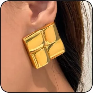Large Gold Chunky Earrings for Women - Big Statement Jewelry, Silver Geometric Thick Bold Square Disc Heart Spiral Stud Earrings