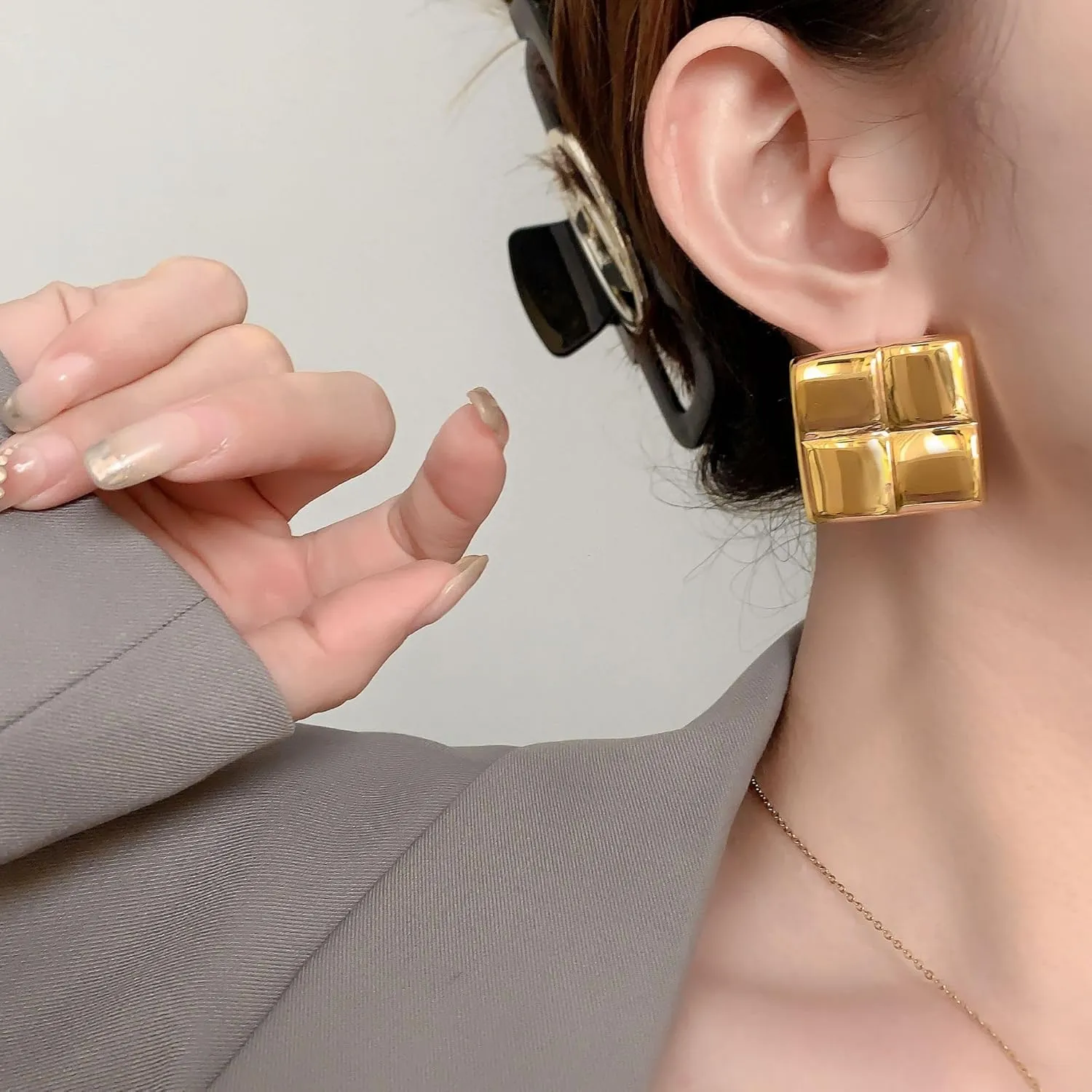 Large Gold Chunky Earrings for Women - Big Statement Jewelry, Silver Geometric Thick Bold Square Disc Heart Spiral Stud Earrings