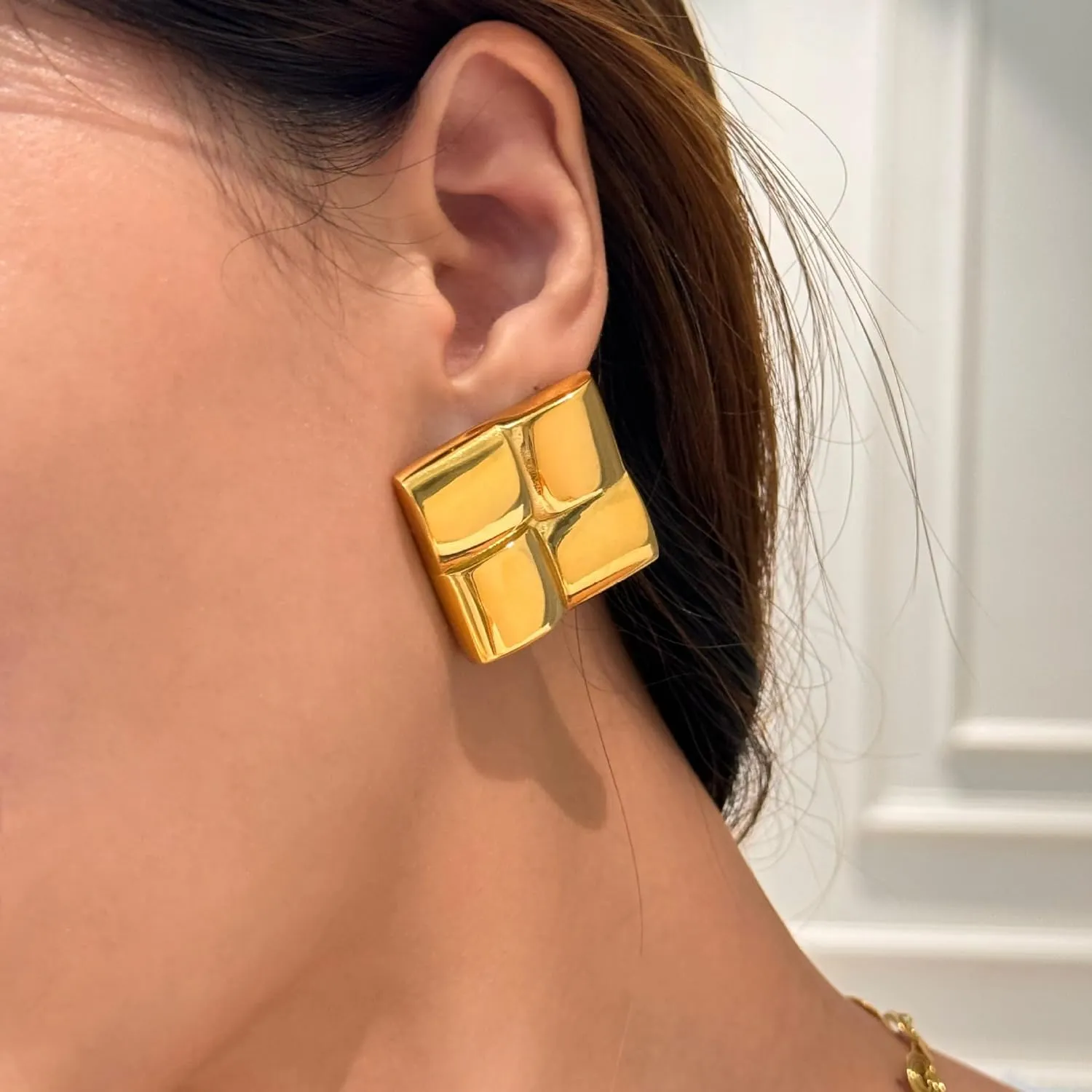 Large Gold Chunky Earrings for Women - Big Statement Jewelry, Silver Geometric Thick Bold Square Disc Heart Spiral Stud Earrings