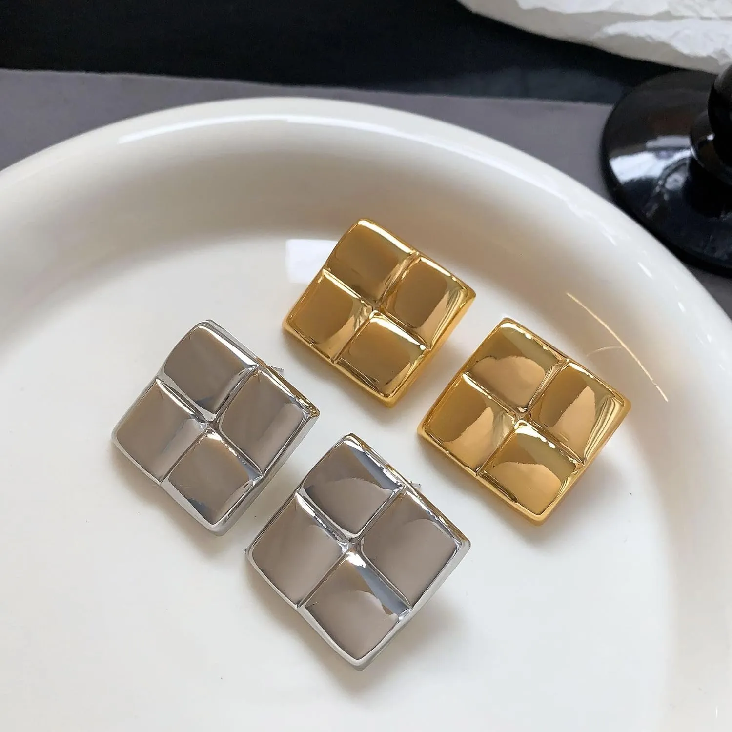 Large Gold Chunky Earrings for Women - Big Statement Jewelry, Silver Geometric Thick Bold Square Disc Heart Spiral Stud Earrings