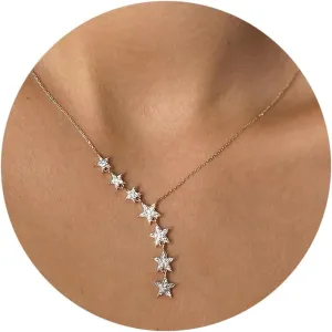 Lariat Star Necklace: Dainty Silver/Gold Star Y Necklace for Women - 14K Gold Plated Cubic Zirconia Star Pendant, Pearl Drop Cute Jewelry for Prom