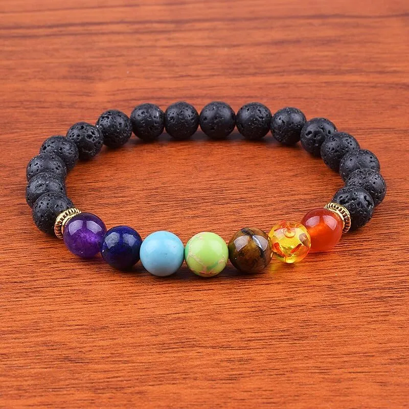 Lava 7 Chakra Bracelets & Bangles Balance Beads Buddha Prayer Elastic Bracelet Men Natural Stone Jewelry Gifts (4-L-21cm)