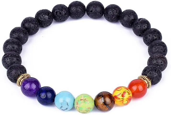 Lava 7 Chakra Bracelets & Bangles Balance Beads Buddha Prayer Elastic Bracelet Men Natural Stone Jewelry Gifts (4-L-21cm)