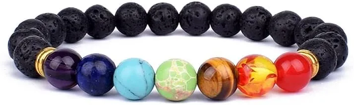 Lava 7 Chakra Bracelets & Bangles Balance Beads Buddha Prayer Elastic Bracelet Men Natural Stone Jewelry Gifts (4-L-21cm)