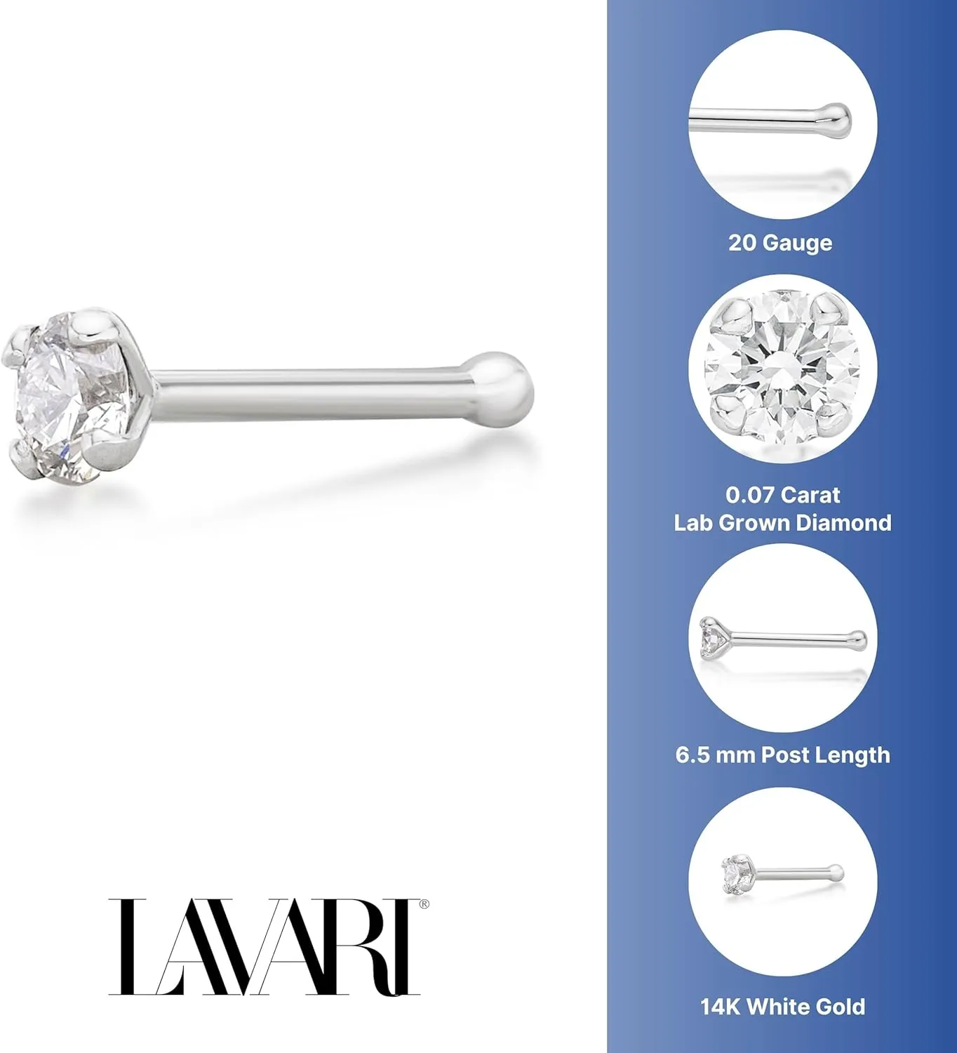 Lavari Jewelers 20 Gauge 0.01 to 0.07 Carat Lab Grown Diamond Straight Bone Nose Stud for Women - 14k Gold 1.3 to 2.7mm (D-E, VVS1-VVS2 to I2-I3, cttw) Nose Ring - Unisex Nostril Piercing Jewelry