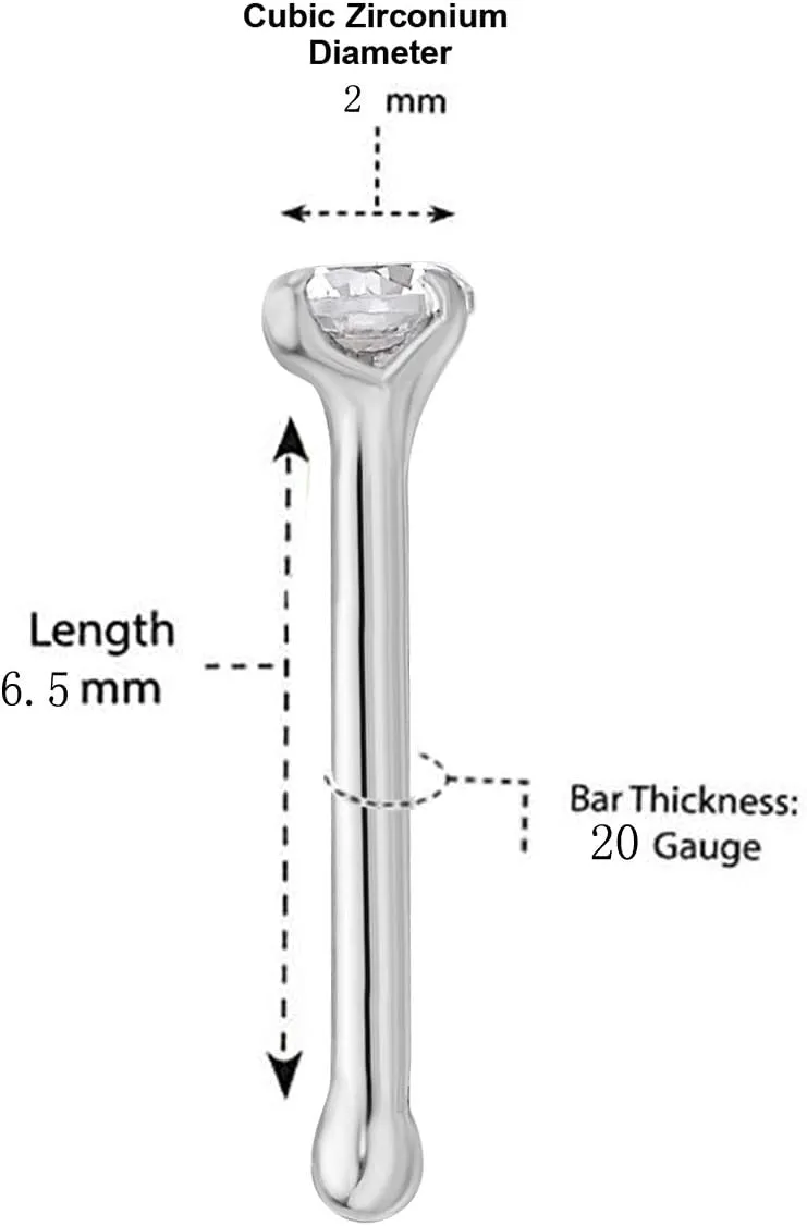 Lavari Jewelers 20 Gauge Straight Bone Nose Stud for Women or Men - 14k White or Yellow Gold 2 mm or 3 mm Cubic Zirconia Nose Ring - Unisex Hypoallergenic Nostril Piercing Jewelry - 20G Body Piercing