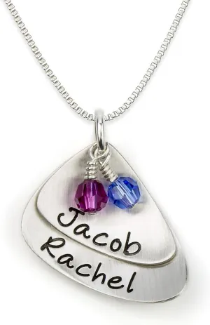 Layered and Domed Double Shell Personalized Sterling Silver Name Necklace. Customized 2 Name Necklace. Matted and Domed Hand Finish. 2 Swarovski Birthstones. Includes 925 Chain.
