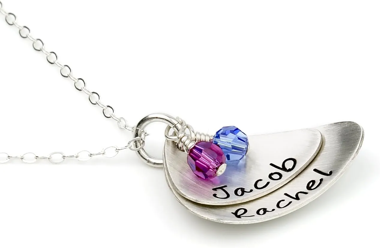 Layered and Domed Double Shell Personalized Sterling Silver Name Necklace. Customized 2 Name Necklace. Matted and Domed Hand Finish. 2 Swarovski Birthstones. Includes 925 Chain.