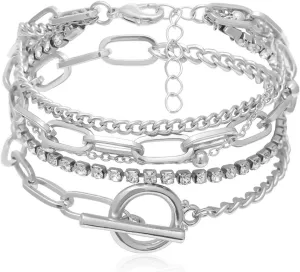 Layered Chunky Chain Lock Pendant Bracelets Statement Bohemian Adjustable Toggle Crystal Charm Wrist Bangles Link Jewelry for Women Gift