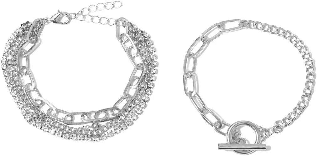 Layered Chunky Chain Lock Pendant Bracelets Statement Bohemian Adjustable Toggle Crystal Charm Wrist Bangles Link Jewelry for Women Gift