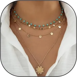 Layered Turquoise Bead Chain Necklace Set,Charming Boho Stackable Round Pendant Choker,Trendy Ethnic Dainty Bead Clavicle Necklace for Holiday