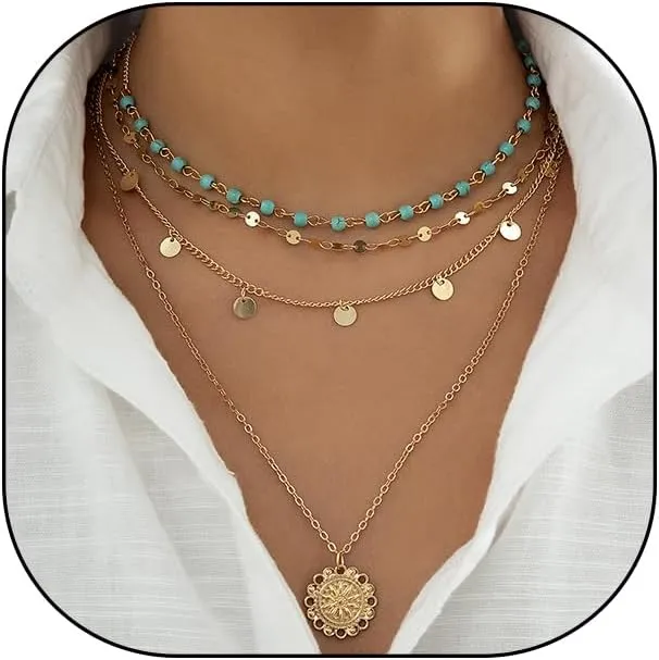 Layered Turquoise Bead Chain Necklace Set,Charming Boho Stackable Round Pendant Choker,Trendy Ethnic Dainty Bead Clavicle Necklace for Holiday