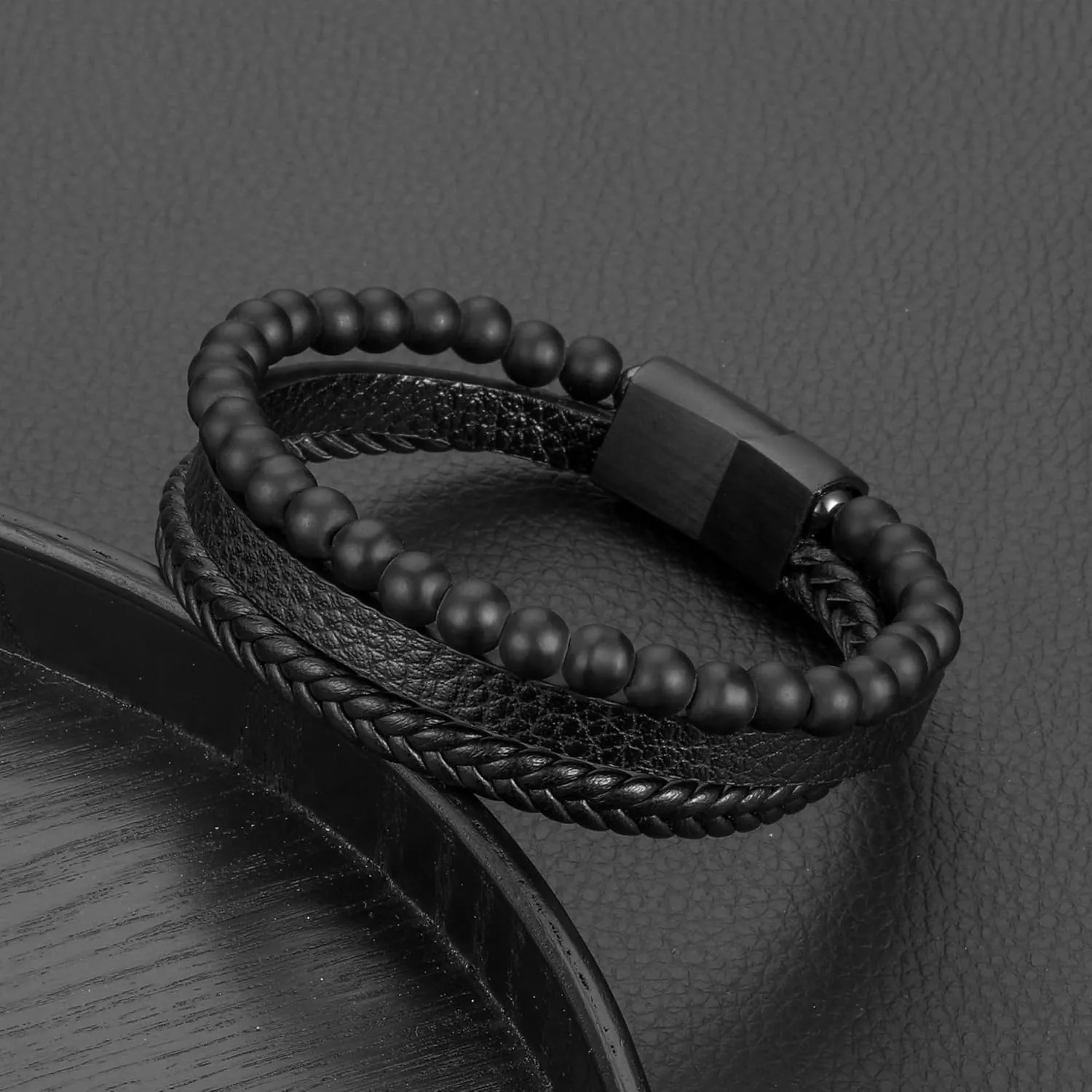 Leather Bead Bracelets for Men, Natural Tiger Eye Lava Rock Stone Bead Magnetic Clasp Adjustable Leather Bracelets Stress Relief Mens Anxiety Bracelet Mens Jewelry Gifts