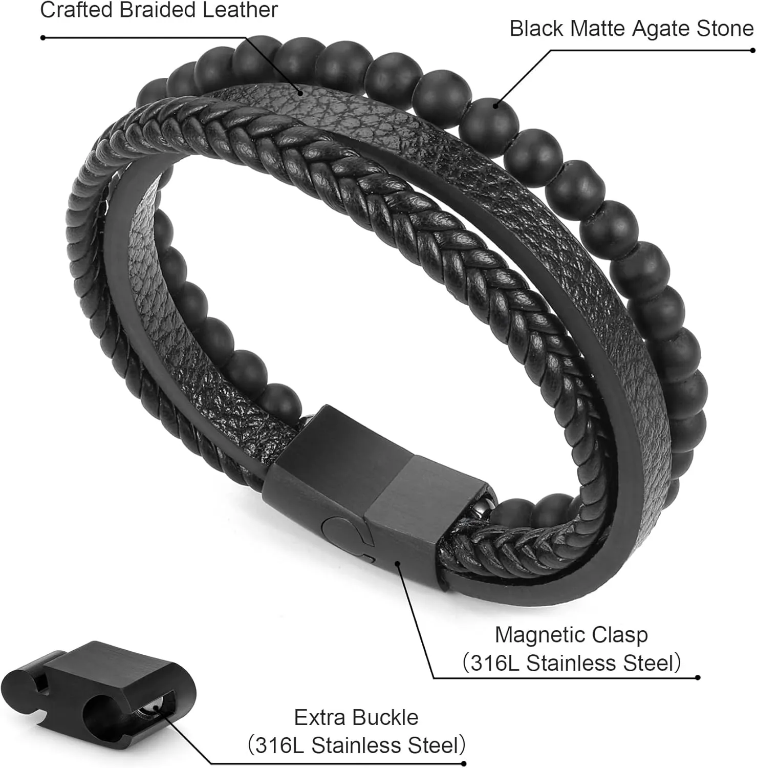 Leather Bead Bracelets for Men, Natural Tiger Eye Lava Rock Stone Bead Magnetic Clasp Adjustable Leather Bracelets Stress Relief Mens Anxiety Bracelet Mens Jewelry Gifts