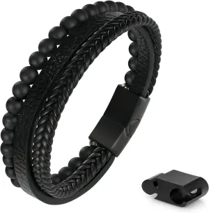 Leather Bead Bracelets for Men, Natural Tiger Eye Lava Rock Stone Bead Magnetic Clasp Adjustable Leather Bracelets Stress Relief Mens Anxiety Bracelet Mens Jewelry Gifts