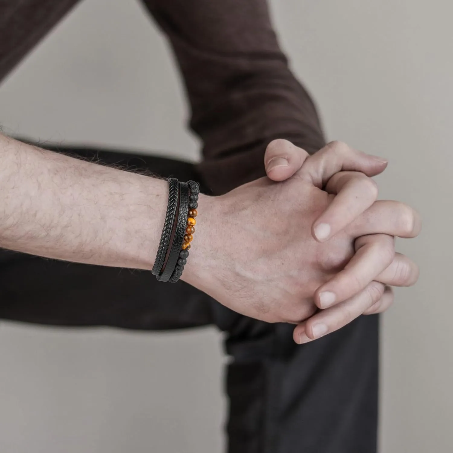 Leather Bead Bracelets for Men, Natural Tiger Eye Lava Rock Stone Bead Magnetic Clasp Adjustable Leather Bracelets Stress Relief Mens Anxiety Bracelet Mens Jewelry Gifts