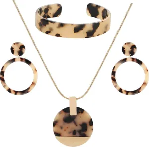 Leopard Earrings Necklace Bracelet for Women Acrylic Circle Hoop Dangle Earring Long Disc Pendant Necklace Open Cuff Bangle Resin Cheetah Jewelry Set for Ladies
