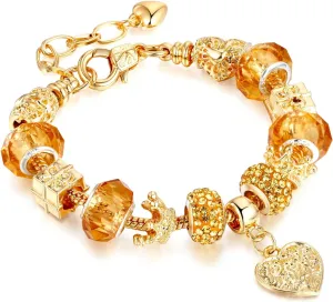 Leprato Gold Plated Heart Charm Bracelet Glass Crystal Beaded Bracelet Stunning Jewelry Gifts for Women