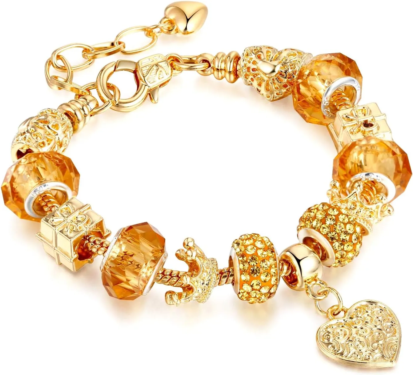 Leprato Gold Plated Heart Charm Bracelet Glass Crystal Beaded Bracelet Stunning Jewelry Gifts for Women