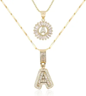 Letter Necklace 14K Gold Plated, 2 Initial Pendant Necklaces for Women, Chunky Alphabet Design with Zircon Stones