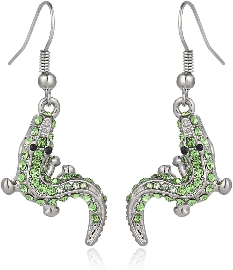 Liavy's Alligator Crocodile Fashionable Earrings - Fish Hook - Sparkling Crystal - Unique Gift and Souvenir