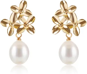 LILY LUSTRE Pearl Flower Stud Earrings | 14k Gold/Rose Gold Plated 925 Sterling Silver Handpicked AAAA Quality Natural Freshwater Cultured Pearl Drop & Coin Shape Dangle Floral Earrings for Women