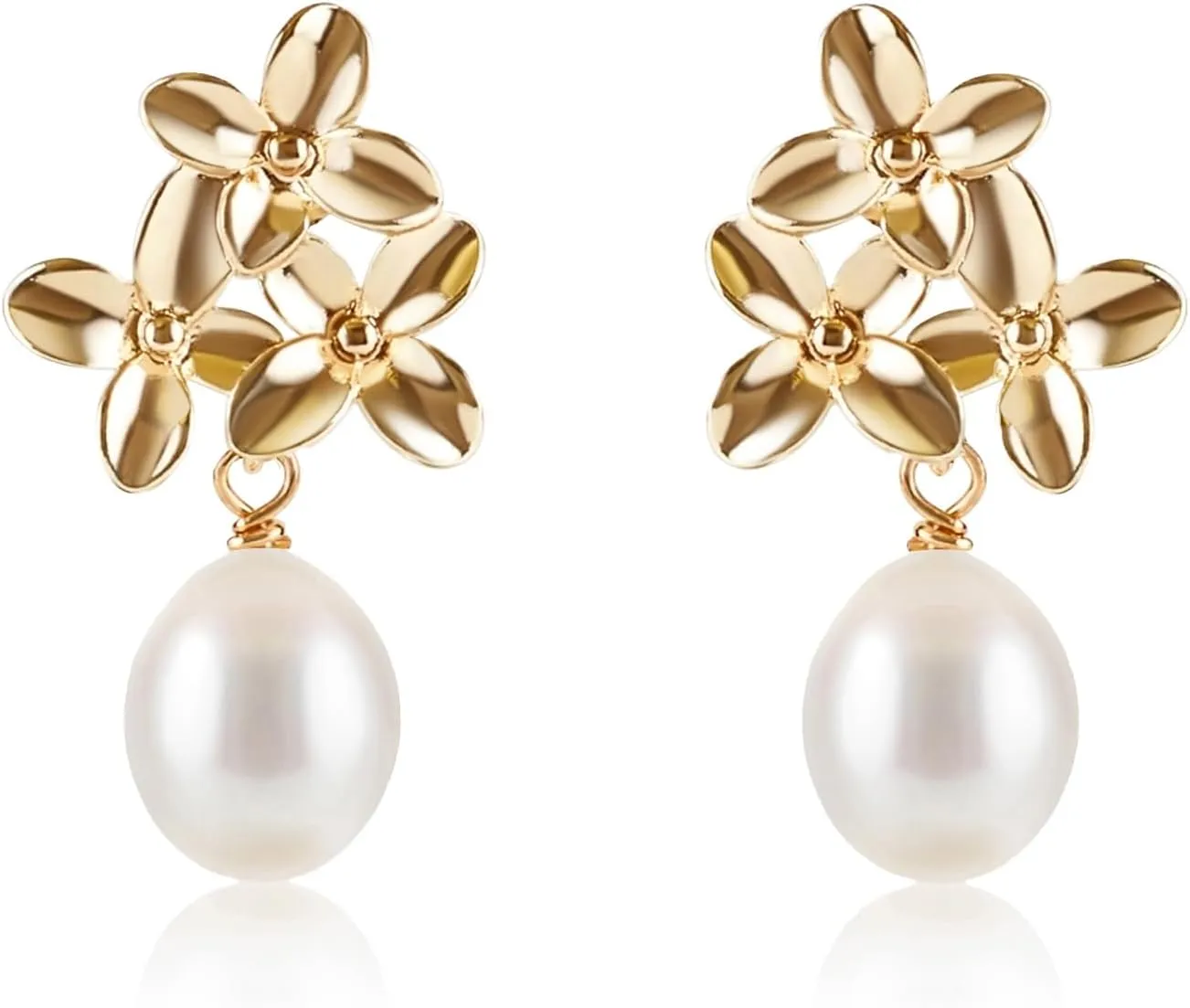 LILY LUSTRE Pearl Flower Stud Earrings | 14k Gold/Rose Gold Plated 925 Sterling Silver Handpicked AAAA Quality Natural Freshwater Cultured Pearl Drop & Coin Shape Dangle Floral Earrings for Women