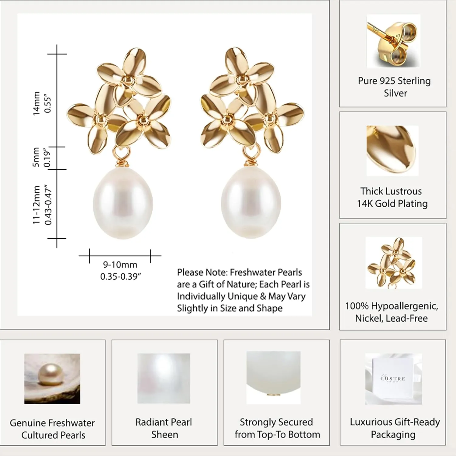 LILY LUSTRE Pearl Flower Stud Earrings | 14k Gold/Rose Gold Plated 925 Sterling Silver Handpicked AAAA Quality Natural Freshwater Cultured Pearl Drop & Coin Shape Dangle Floral Earrings for Women