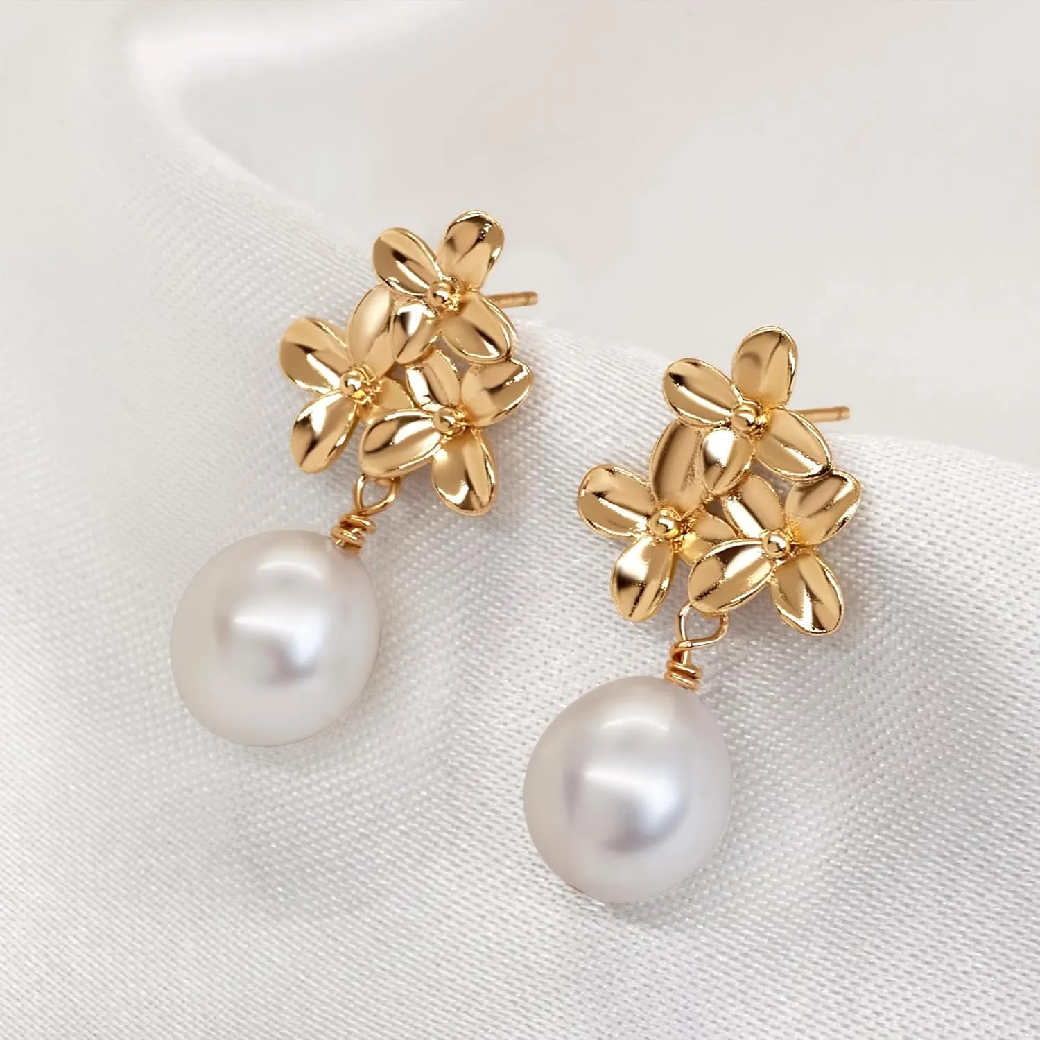 LILY LUSTRE Pearl Flower Stud Earrings | 14k Gold/Rose Gold Plated 925 Sterling Silver Handpicked AAAA Quality Natural Freshwater Cultured Pearl Drop & Coin Shape Dangle Floral Earrings for Women