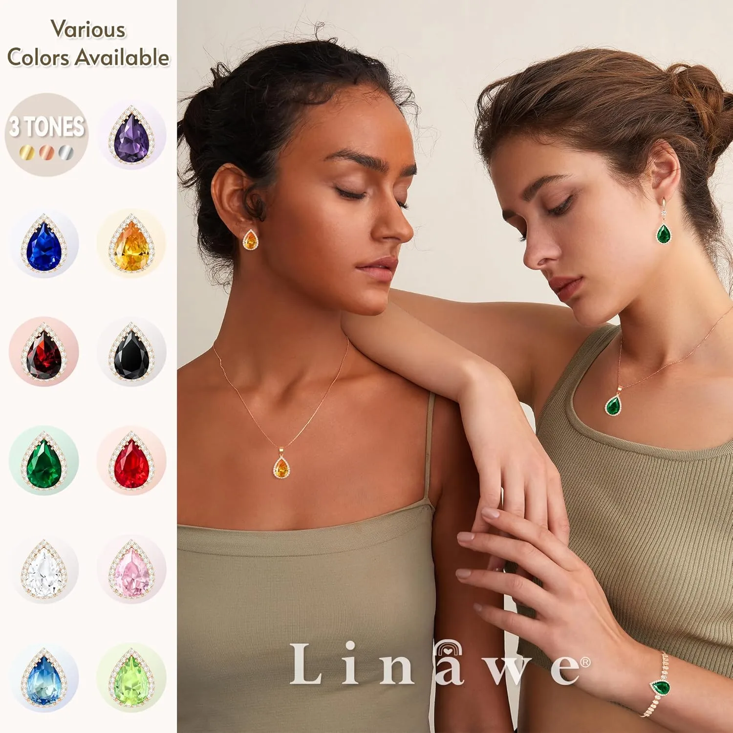 Linawe Crystal Chain Necklace for Women Trendy, Imitation Diamond Pendant, Statement Cubic Zirconia Boho Jewelry Set, 14K Gold/Rose Gold/Silver Birthstone Necklace