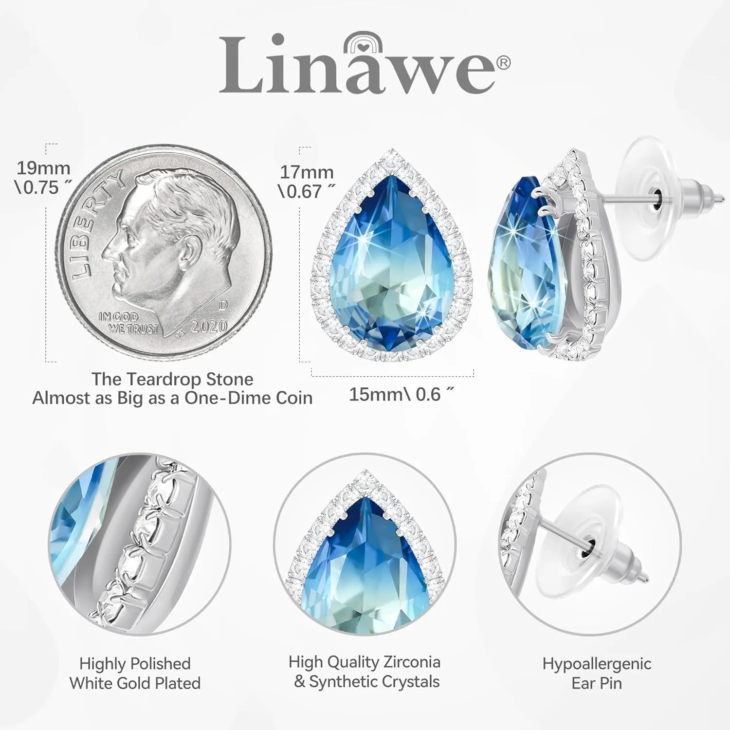 Linawe Women Stud Earrings, Teardrop Diamond Moissanite Cubic Zirconia Earrings Studs Rhinestone Jewelry Gold/Silver/Rose Gold