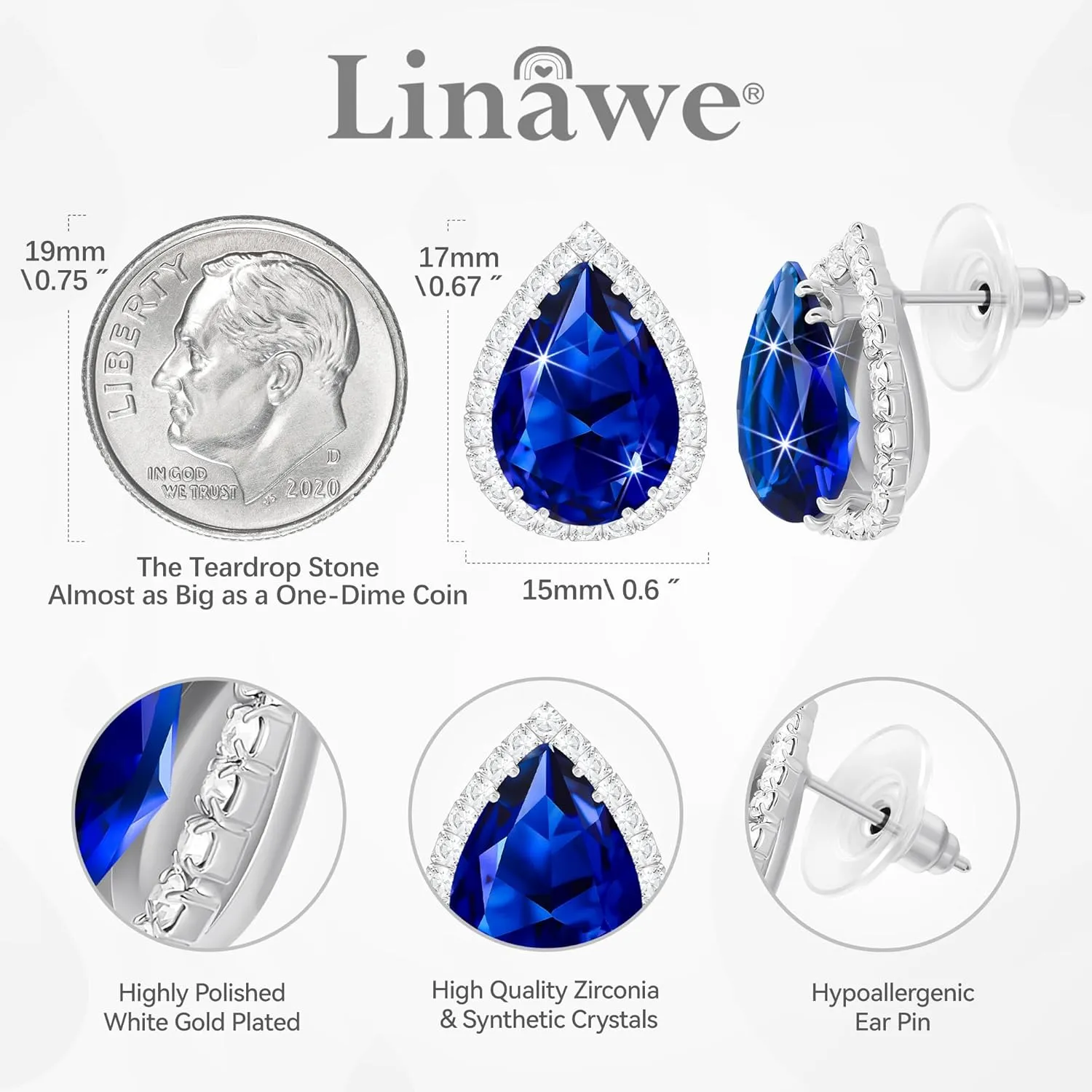 Linawe Women Stud Earrings, Teardrop Diamond Moissanite Cubic Zirconia Earrings Studs Rhinestone Jewelry Gold/Silver/Rose Gold