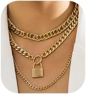 Lock Pendants Chains Layered Necklace Set Punk Multilayer Necklaces for Eboy Egirl Men Male Emo Goth Women