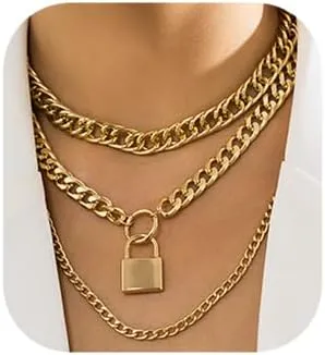 Lock Pendants Chains Layered Necklace Set Punk Multilayer Necklaces for Eboy Egirl Men Male Emo Goth Women
