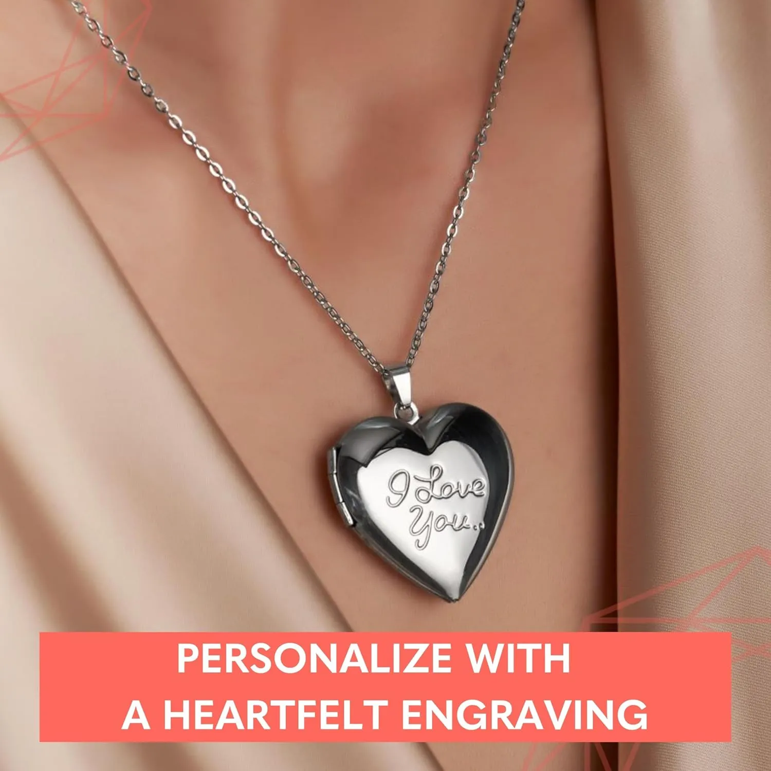 Locket Necklace for Women, 18 Jewelry Chain, Picture Inside, Silver, Rose Gold, Gold Filled, Hold pictures with Engraved Name Custom Personalized Girls Ladies Modern Charming Set