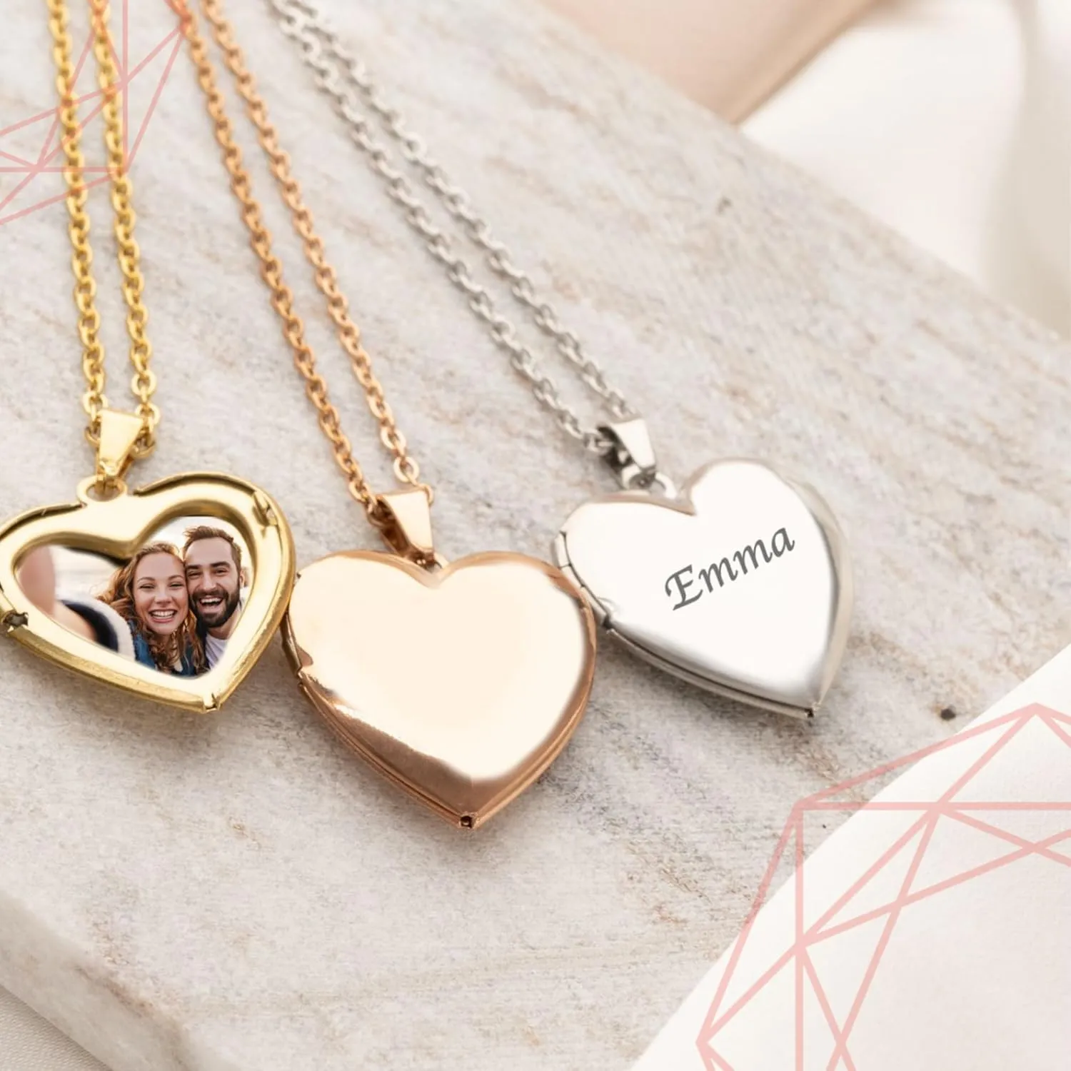 Locket Necklace for Women, 18 Jewelry Chain, Picture Inside, Silver, Rose Gold, Gold Filled, Hold pictures with Engraved Name Custom Personalized Girls Ladies Modern Charming Set