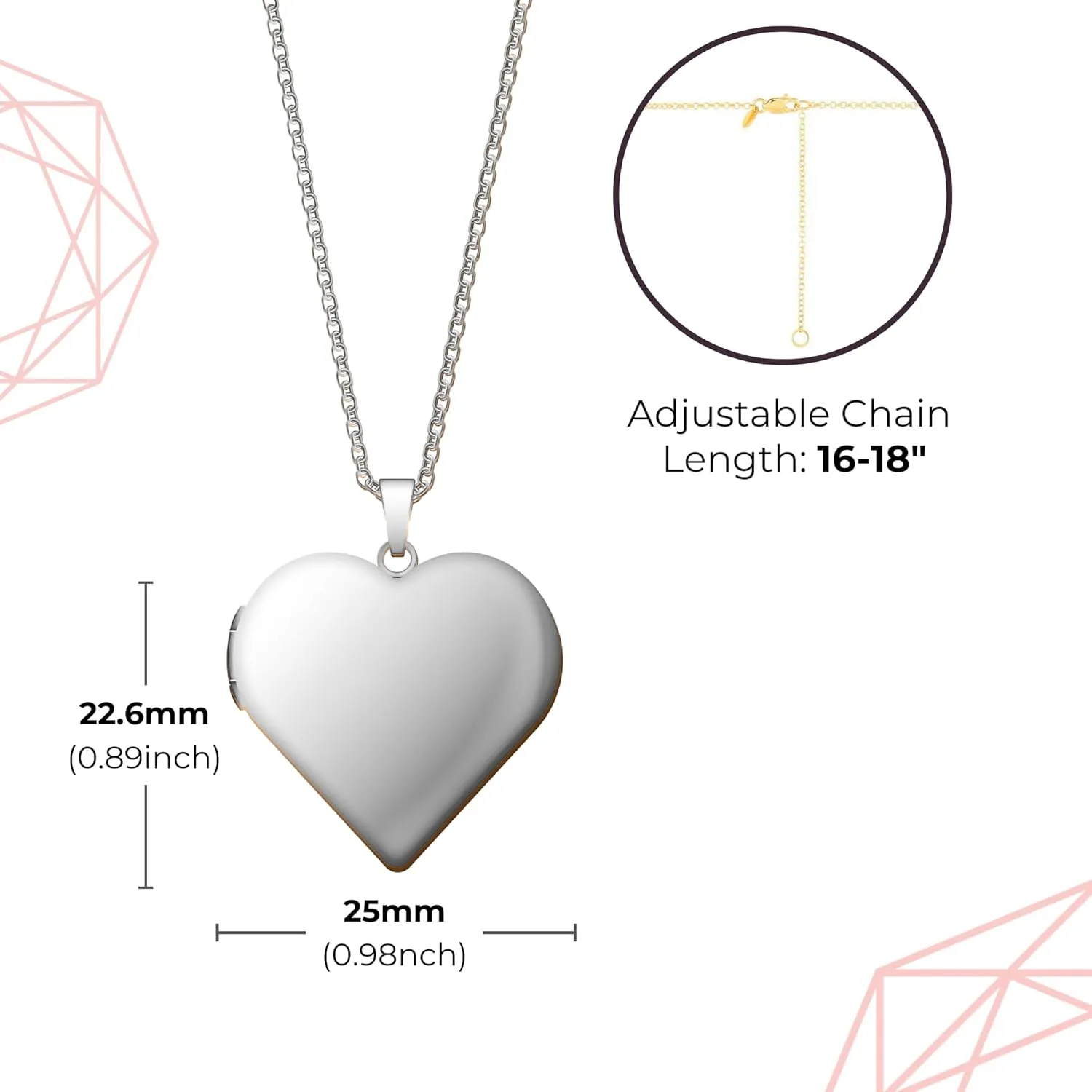 Locket Necklace for Women, 18 Jewelry Chain, Picture Inside, Silver, Rose Gold, Gold Filled, Hold pictures with Engraved Name Custom Personalized Girls Ladies Modern Charming Set