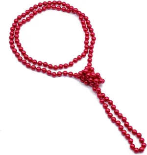 Long Layered Pearl Y Necklace - Boho 6mm Fake Pearls Beaded Choker Layering Statement Necklaces (Red)